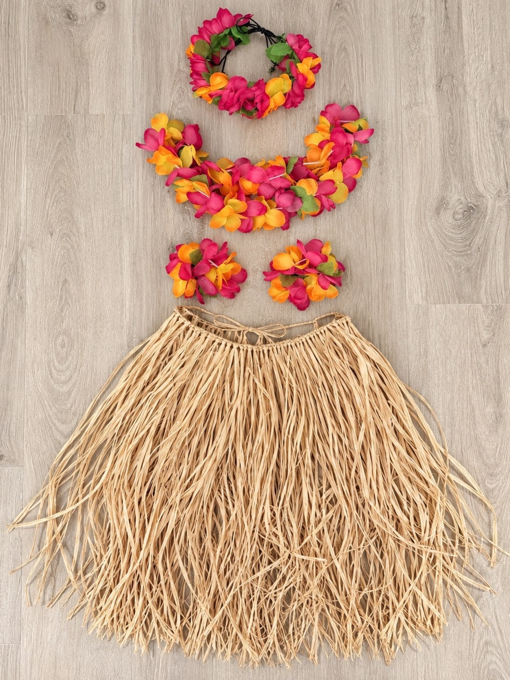 Hawaiian Hula Grass Skirt Costume Set 5 Pc Flower Lei Luau Halloween costume